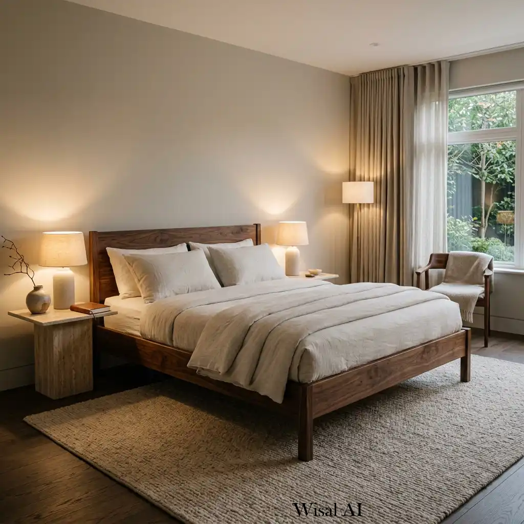 Quiet luxury bedroom with premium dark walnut furniture and layered lighting.