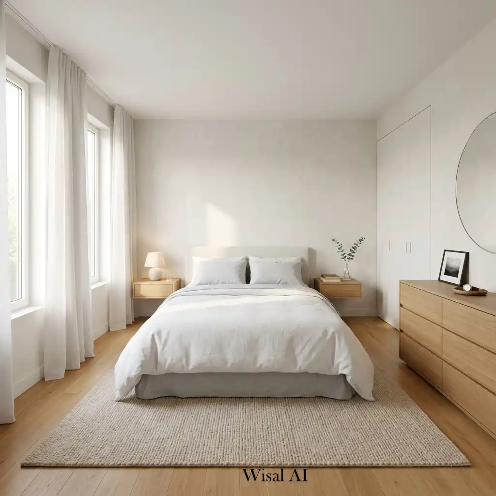 Minimalist clutter-free bedroom with hidden storage and a calm neutral color palette.