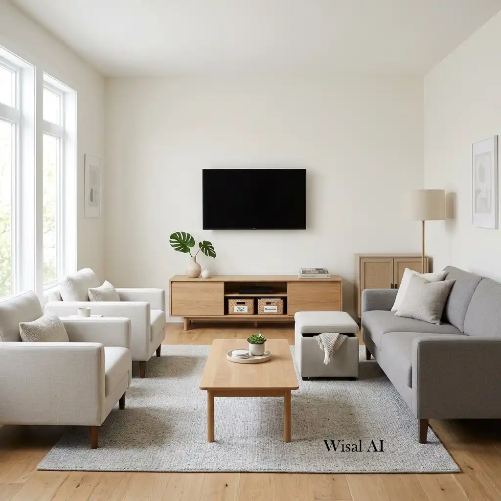 Beautiful organized living room kept clutter-free for a spacious and luxurious atmosphere.