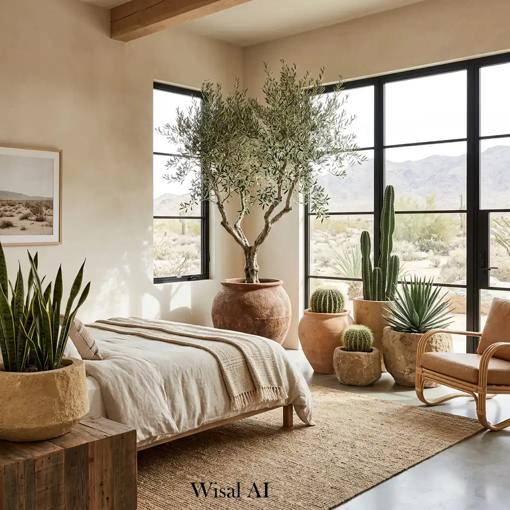 Large desert plants in organic modern bedroom