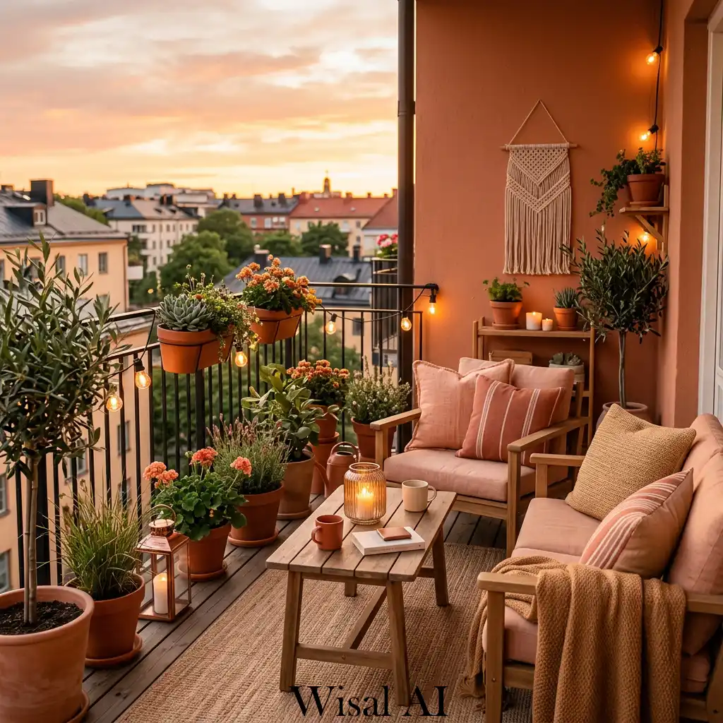 Sunset-inspired balcony decorated with warm earthy color palette
