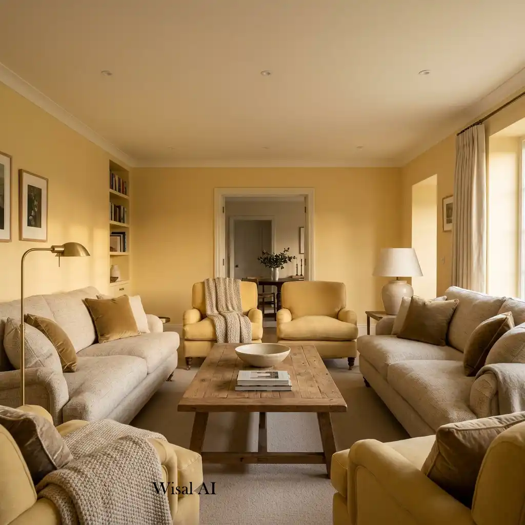 Elegant butter yellow living room designed for everyday comfort and timeless style.