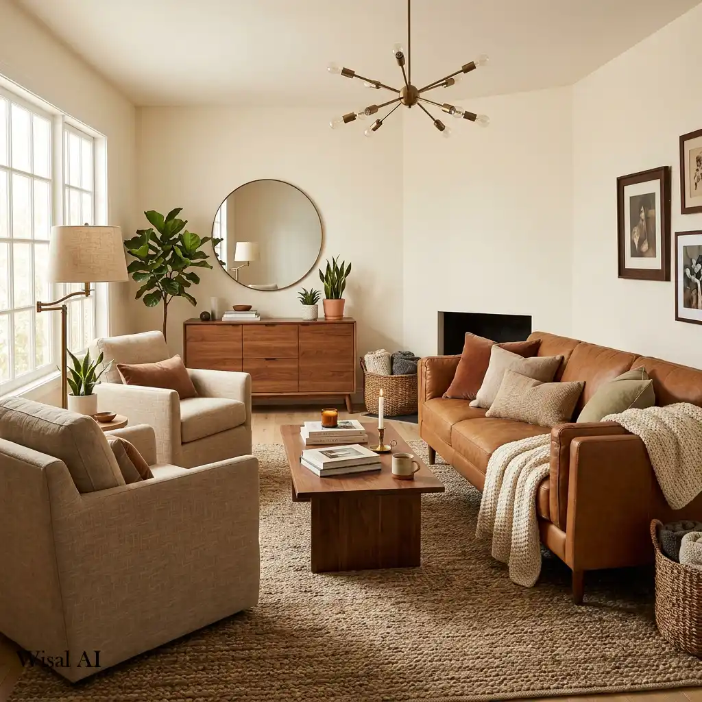 Warm caramel living room designed for timeless comfort and elegance.
