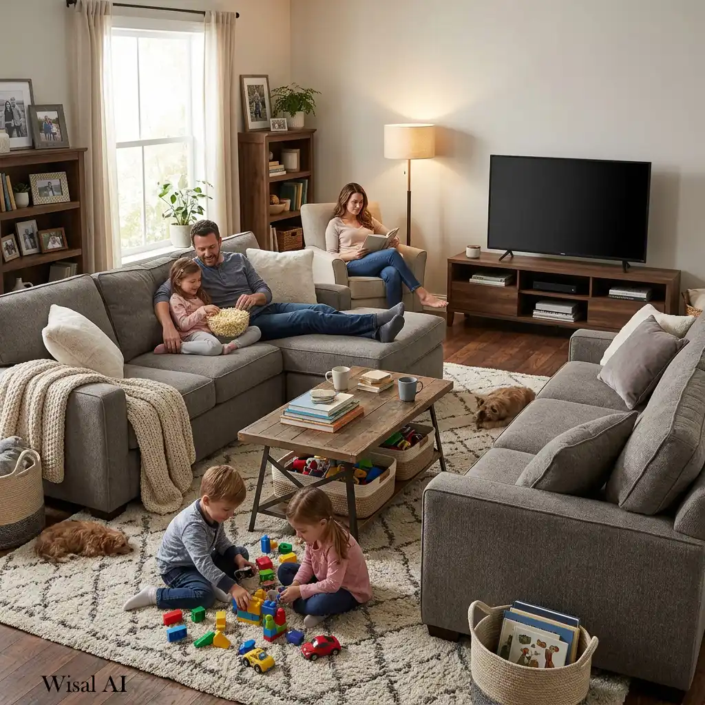 Warm living room designed for everyday comfort, conversation, and relaxation.