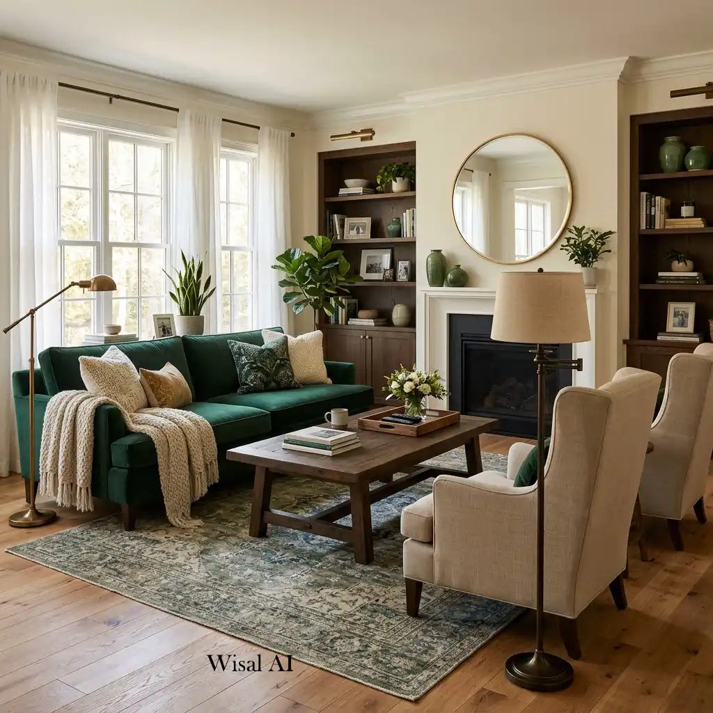 Bold emerald green living room designed for comfort and timeless elegance.