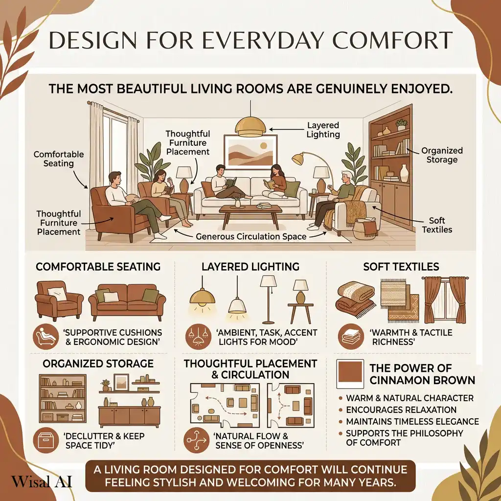 Timeless cinnamon brown living room designed for comfort and everyday living.