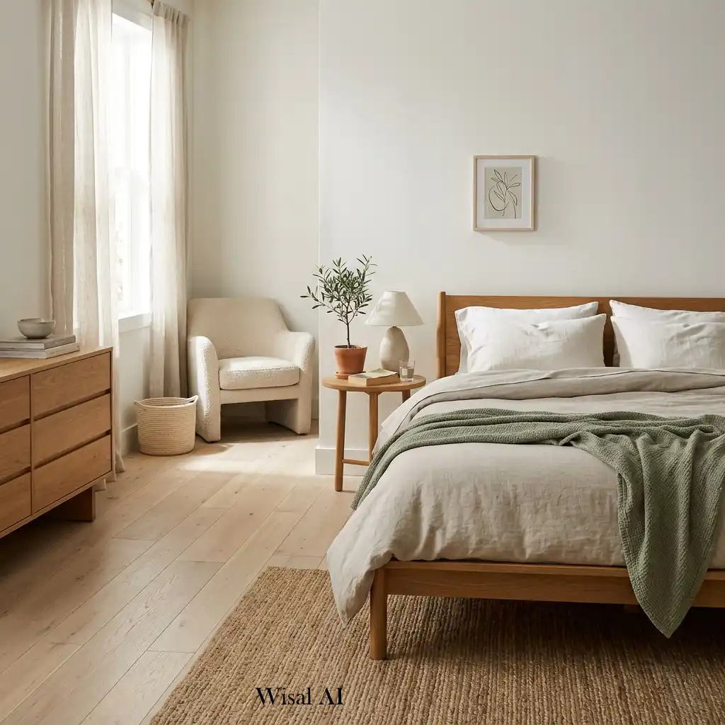Simple luxury bedroom designed with timeless furniture and peaceful minimalist styling.