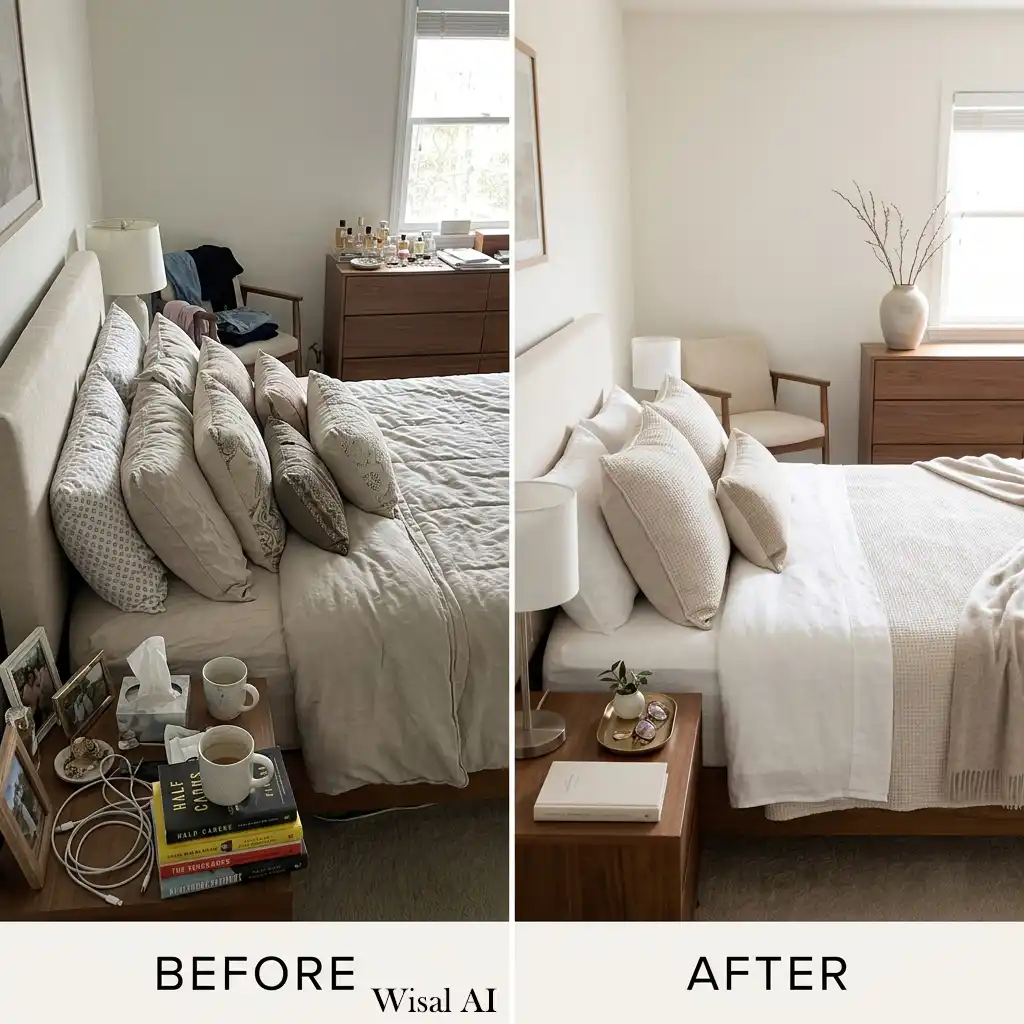 Minimalist bedroom with carefully edited décor for a clean and airy appearance.