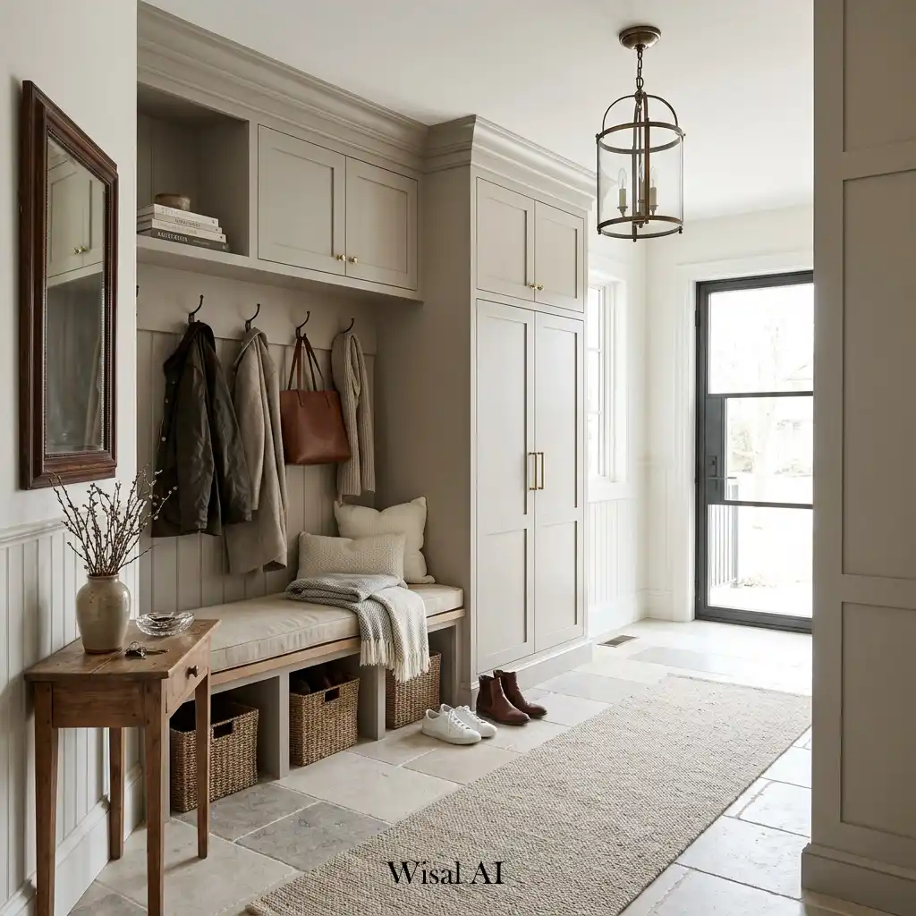 Elegant European-inspired mudroom with custom cabinetry and refined design details