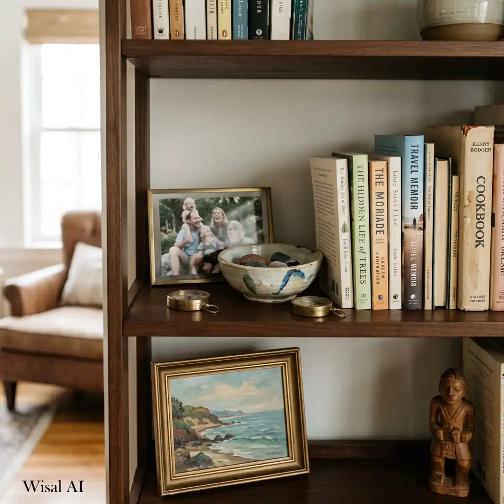 Stylish home decorated with meaningful personal accessories, books, artwork, and timeless decorative accents.