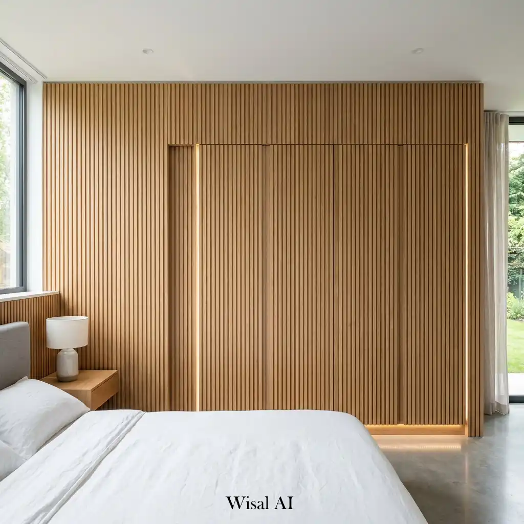 Floor-to-ceiling wood slat wall integrated with hidden wardrobe doors.