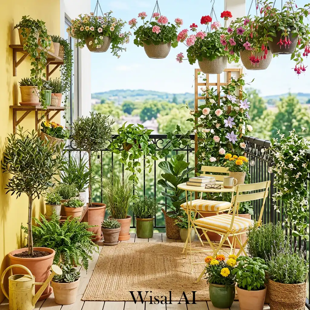 Yellow and green natural balcony with fresh plant-filled environment