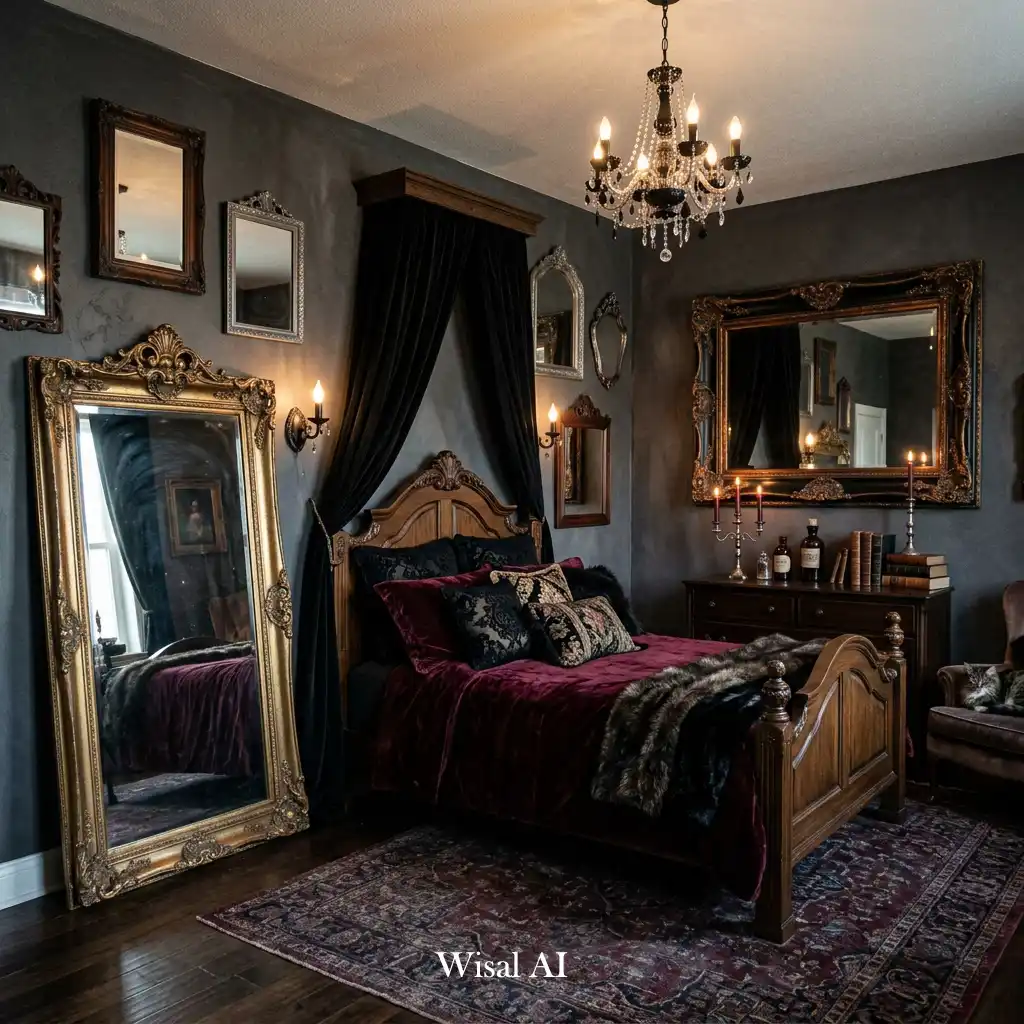 Gothic bedroom with ornate vintage mirrors and dramatic lighting.