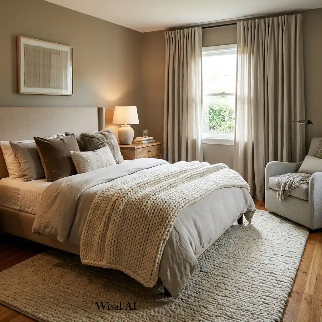 Cozy guest bedroom with layered textures and soft fabrics.