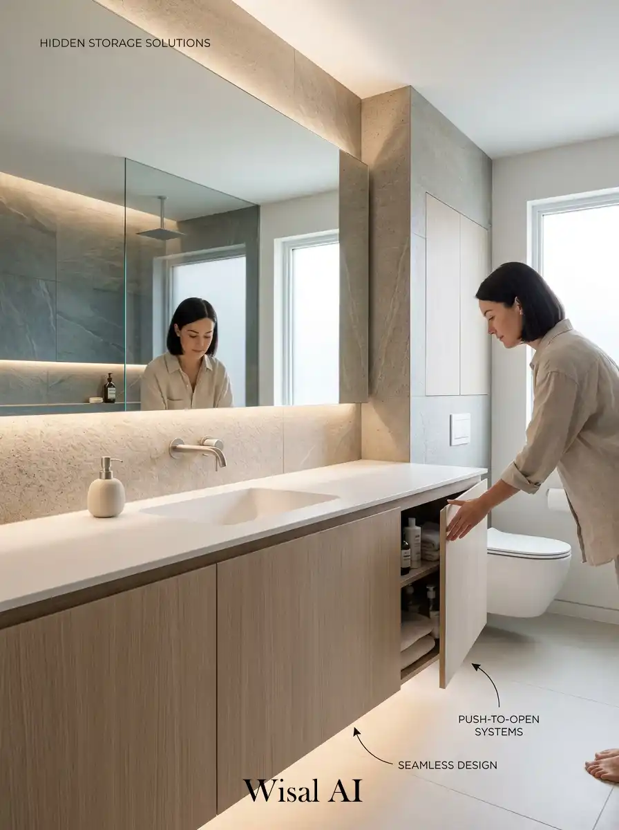 Hidden storage luxury bathroom with clean minimalist and clutter-free modern styling