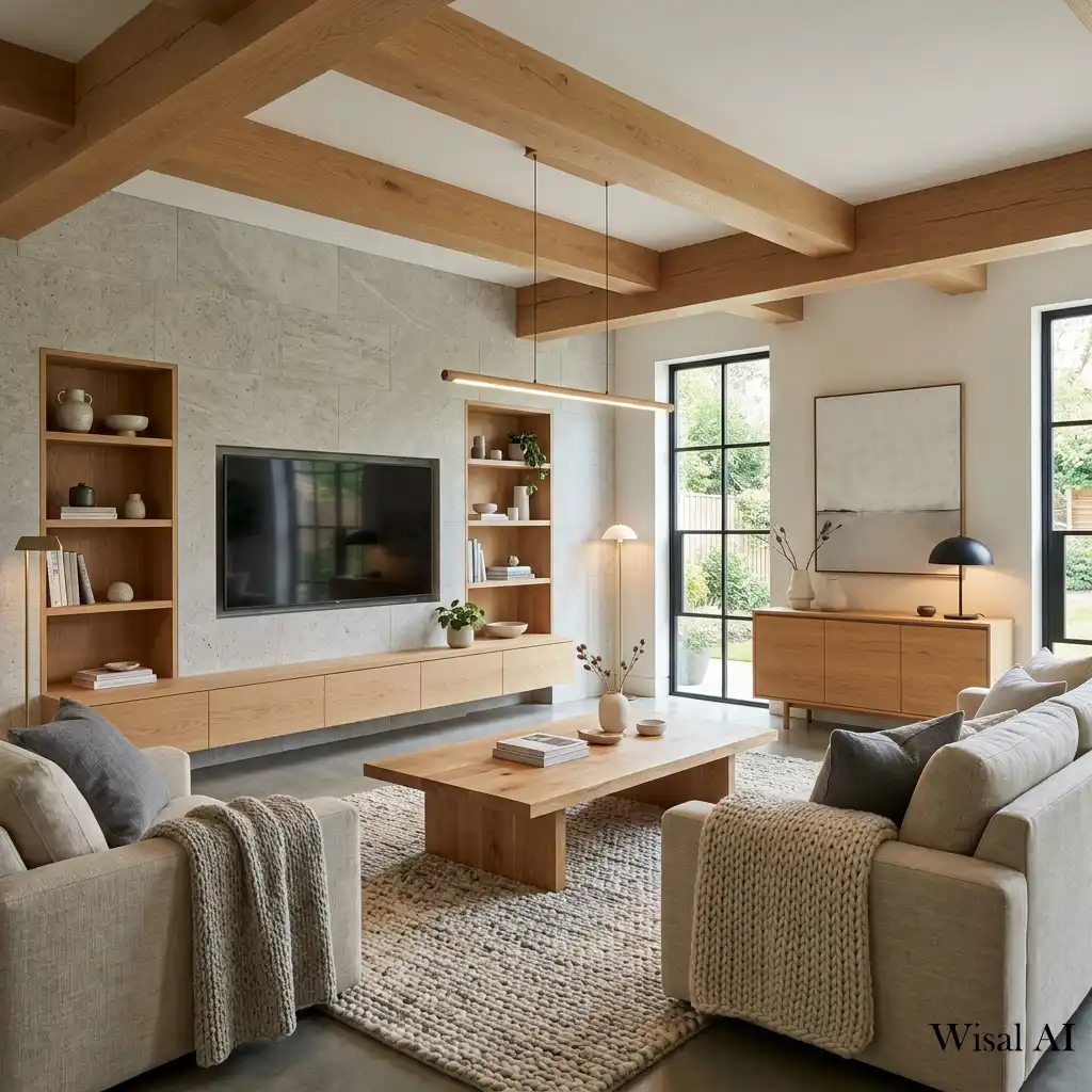 White oak furniture adding warmth to a luxury living room.