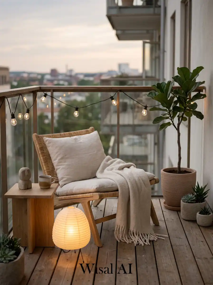 Peaceful Japandi balcony designed as a calming retreat with natural wood, soft lighting, and neutral tones.
