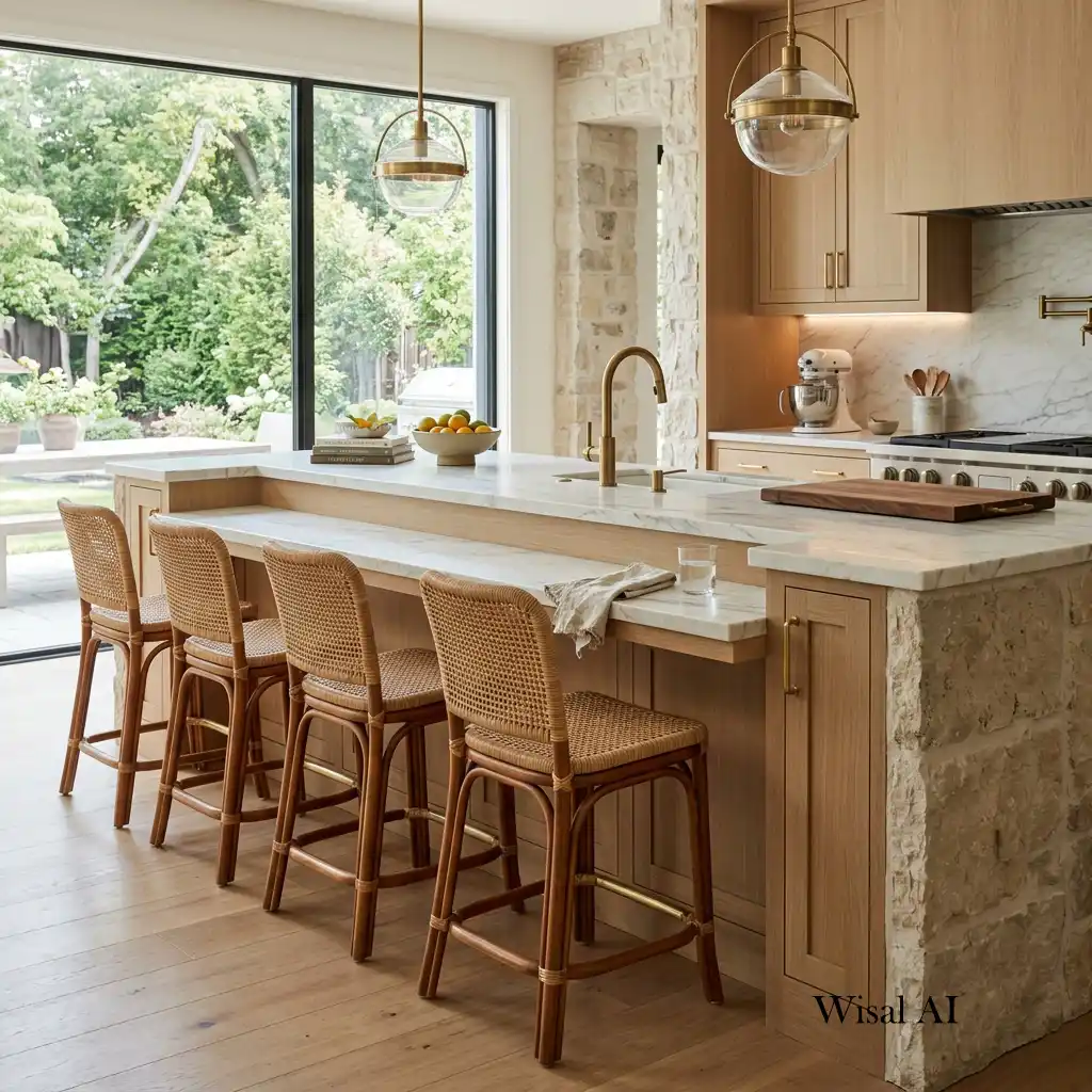Kitchen island combining natural wood, marble, and built-in seating.