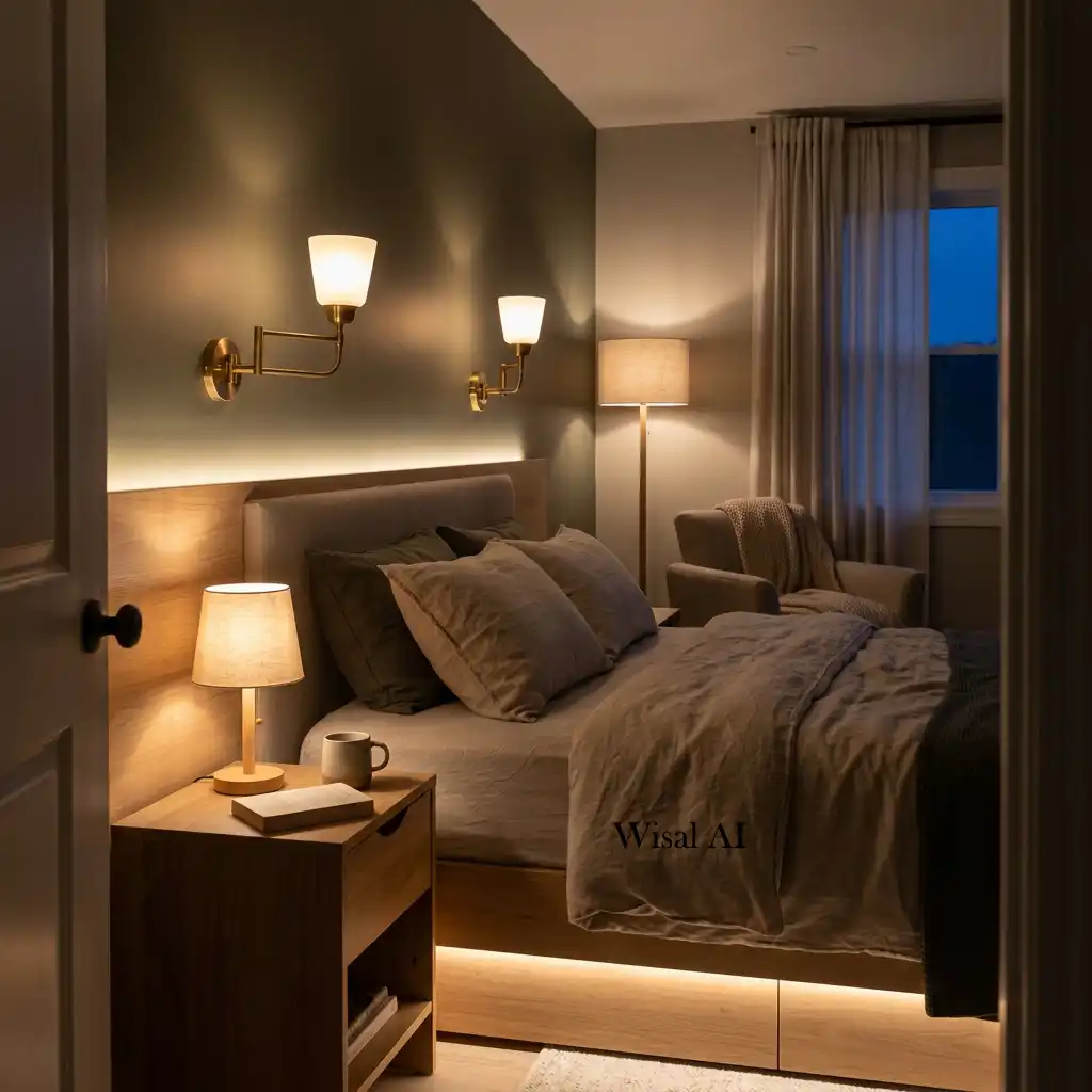 Luxury bedroom combining layered lighting, warm tones, hidden LED accents, and soft bedside illumination for the ultimate relaxing atmosphere.