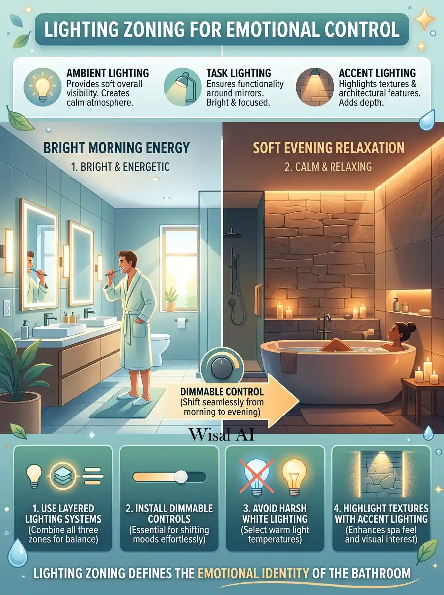Luxury spa bathroom featuring layered lighting zones warm ambient glow and sophisticated minimalist interior atmosphere.