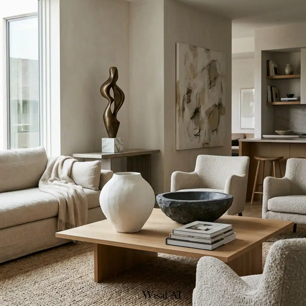 Sculptural living room decor with artistic ceramic accents