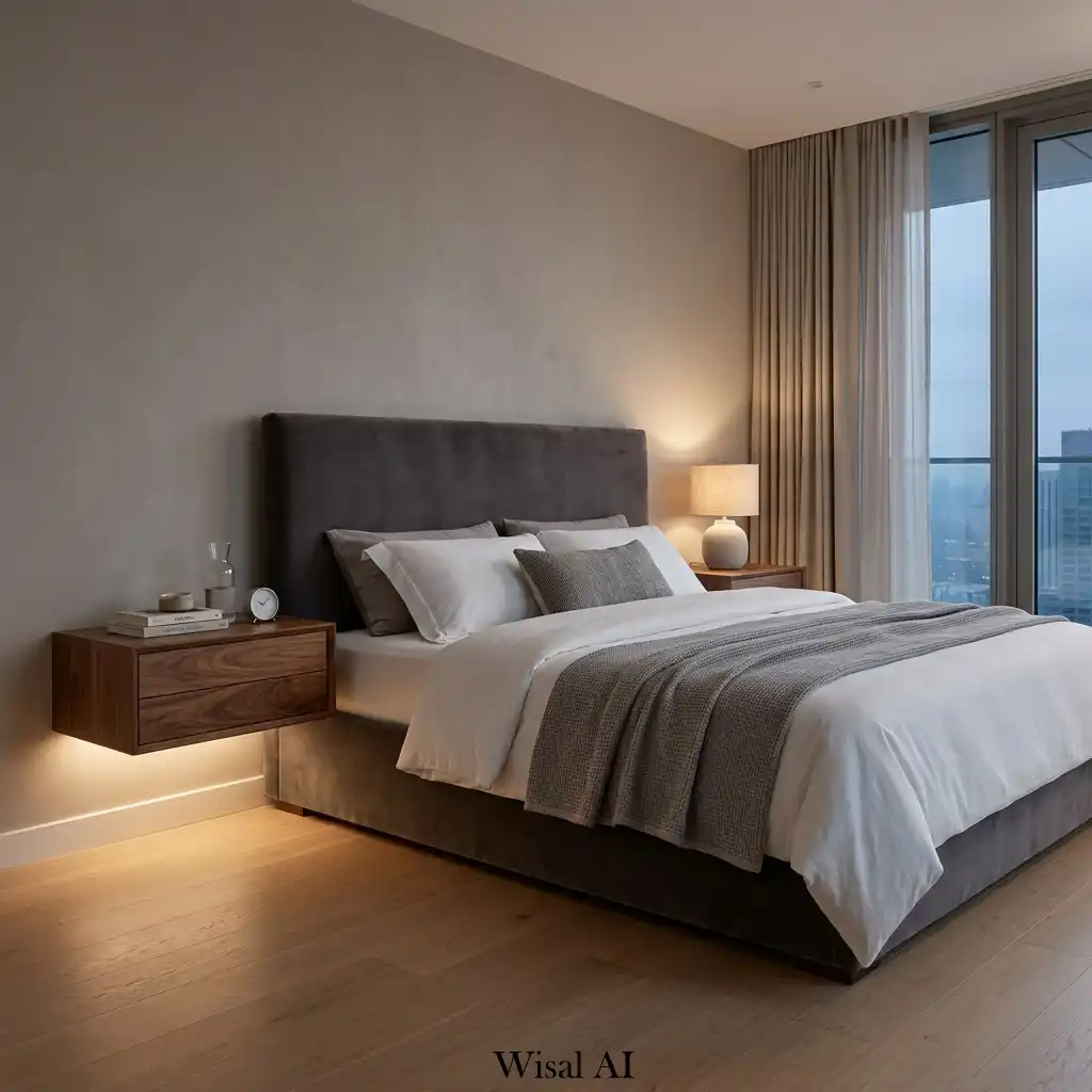 Luxury apartment bedroom with floating walnut nightstands