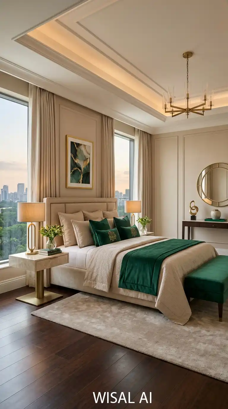 15. Luxury Beige Suite Bedroom with Emerald Green Highlights