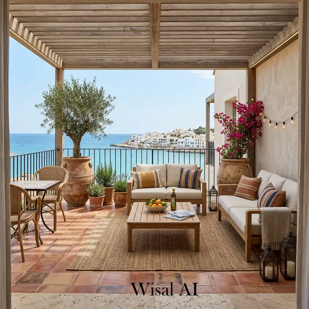 Luxury Mediterranean balcony featuring elegant terracotta styling