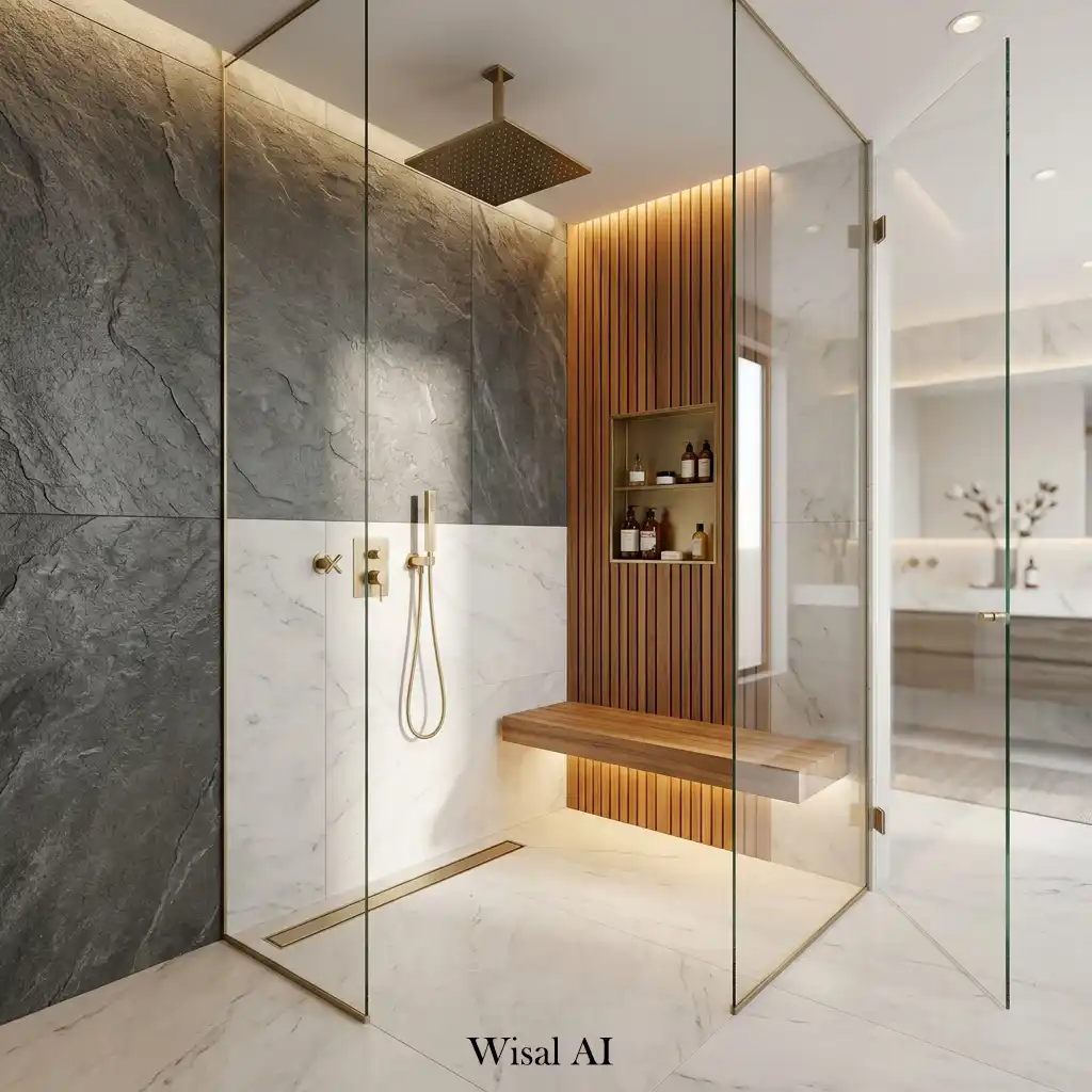 Luxury walk-in shower combining marble, natural wood, frameless glass, brushed brass fixtures, and concealed LED lighting.