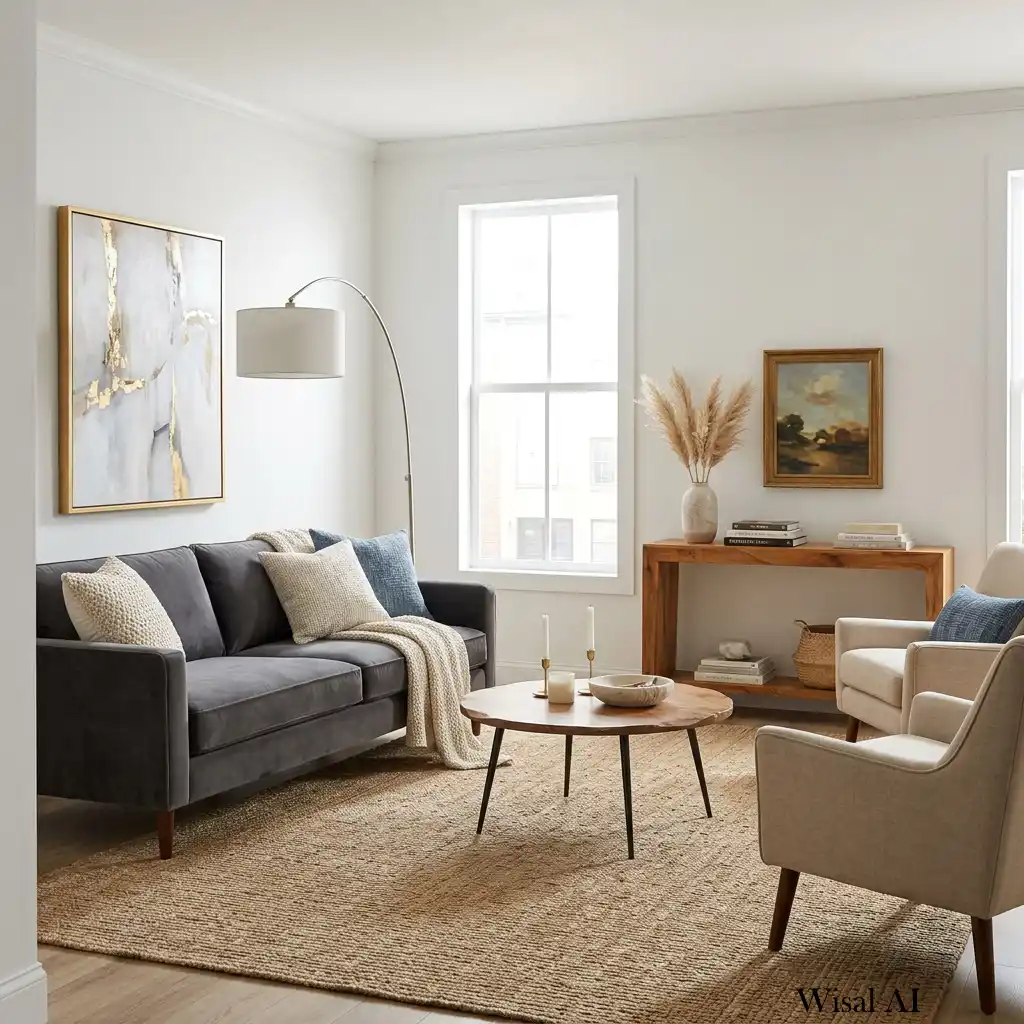 Balanced living room layout with harmonious furniture placement and open space.