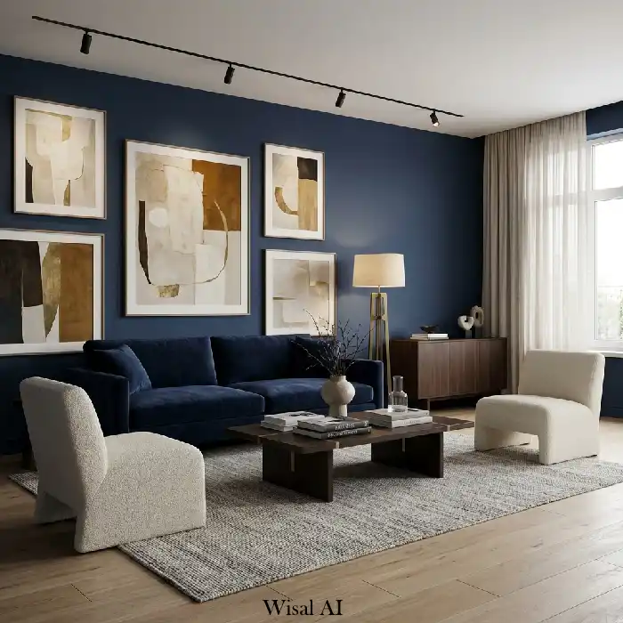 Elegant modern living room with moody blue accents and sculptural lighting