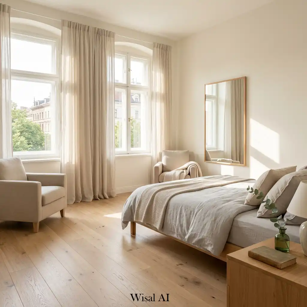 Bright European bedroom with large windows and natural daylight flow