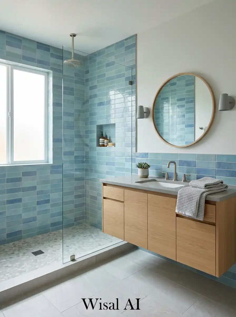 Ocean inspired blue tiles with misty grey bathroom tones