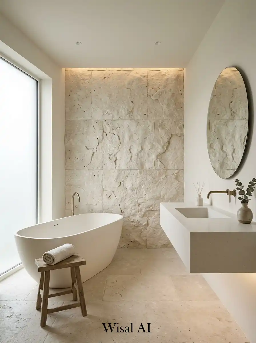 Modern bathroom with off-white tones and textured stone surfaces for natural elegance.
