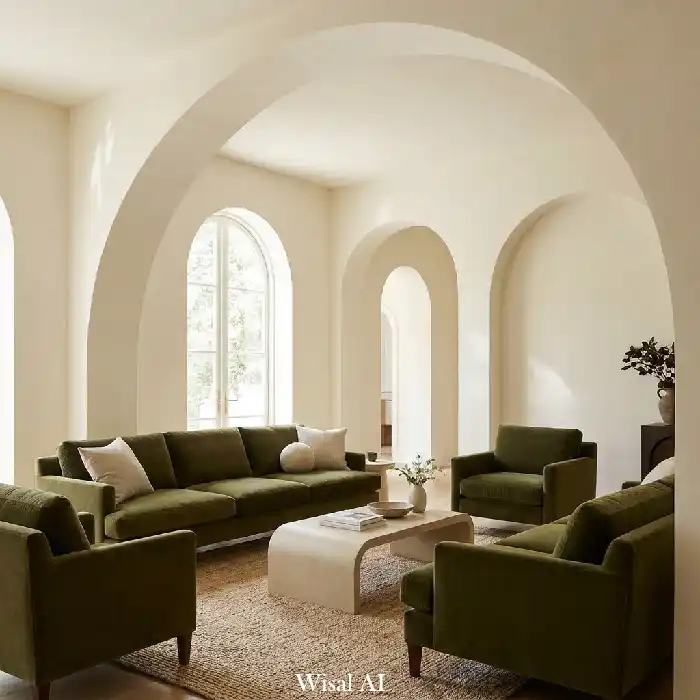 Olive green living room with architectural arches, natural stone details, and elegant design