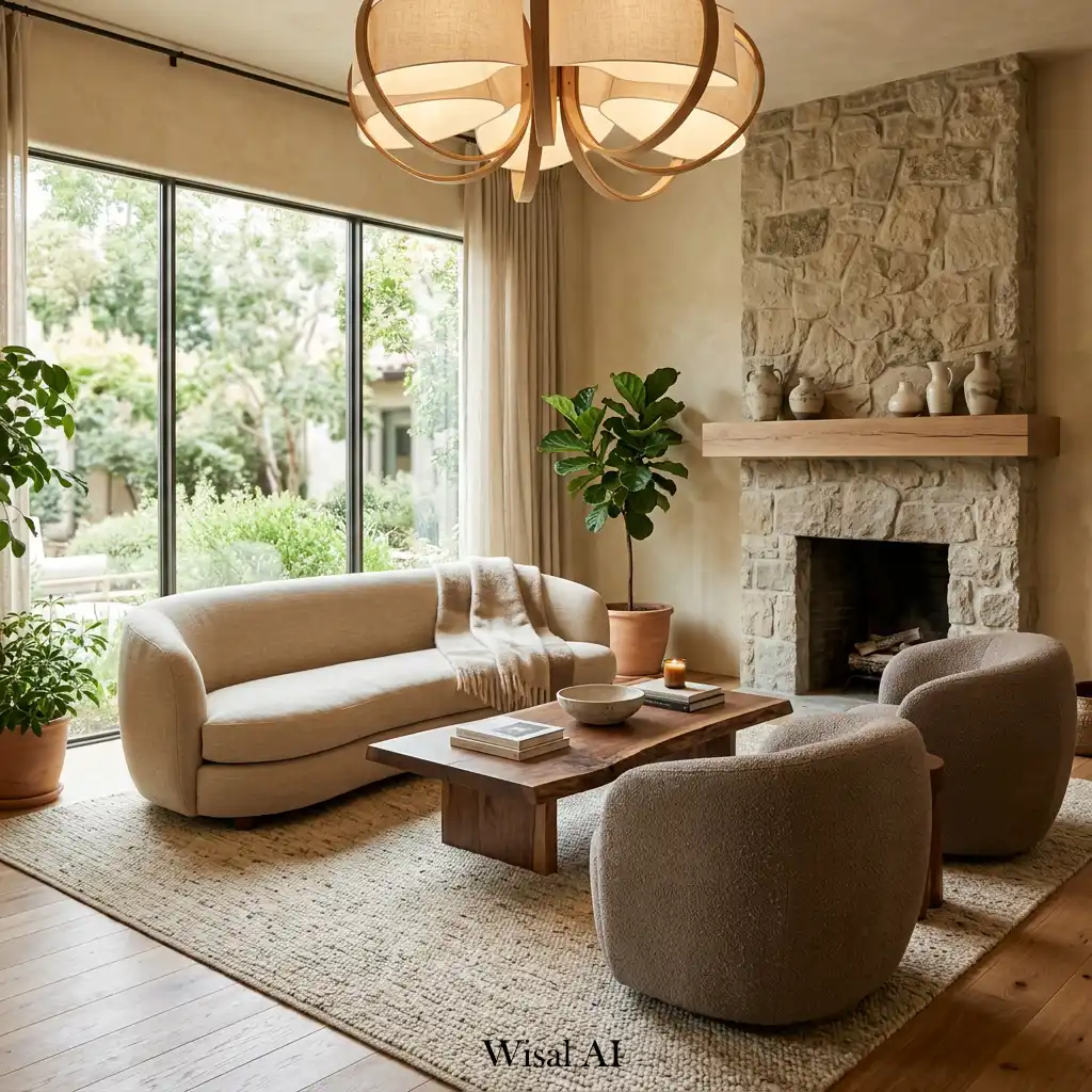 Organic luxury living room with natural materials and warm neutral tones
