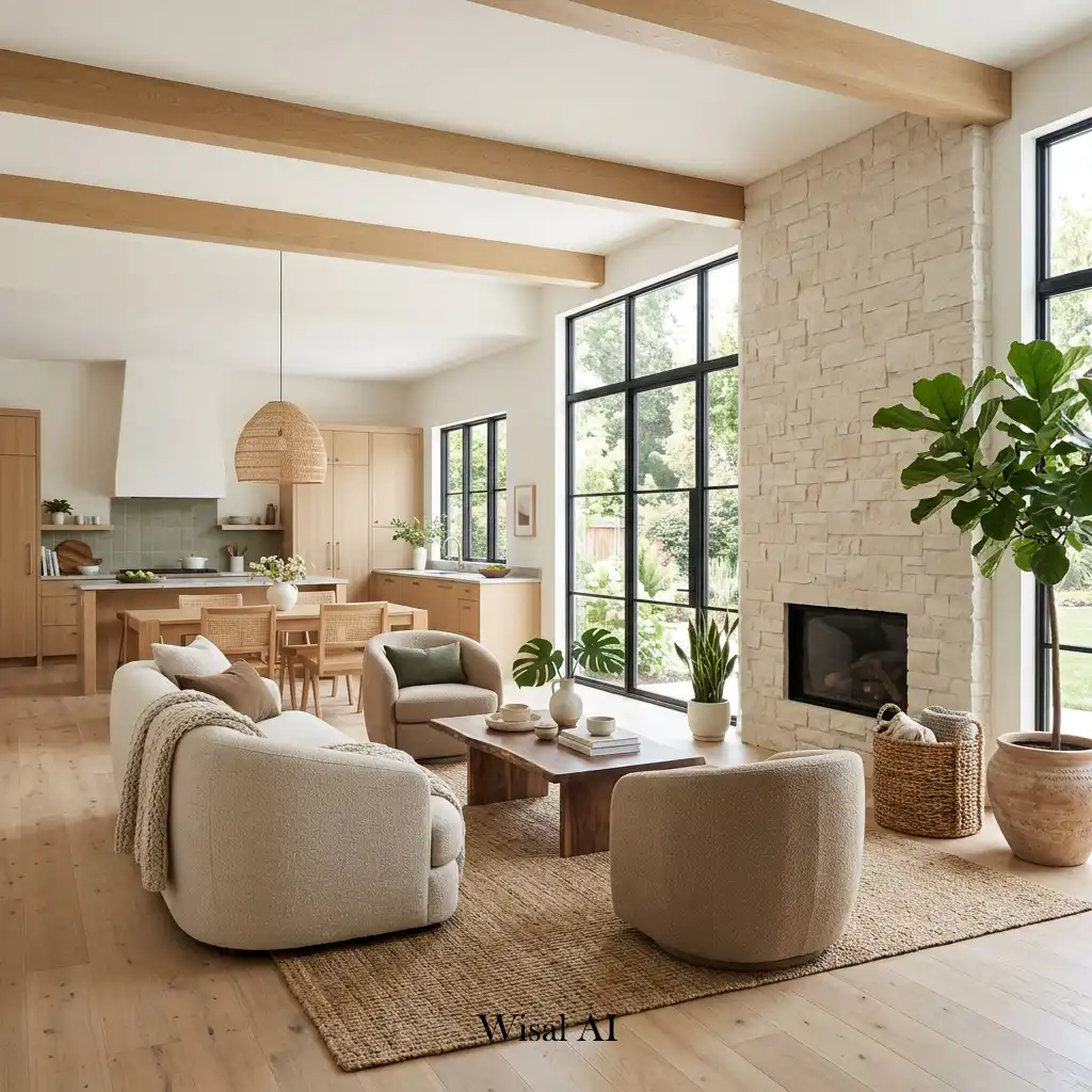Organic modern living room with natural materials and earthy textures