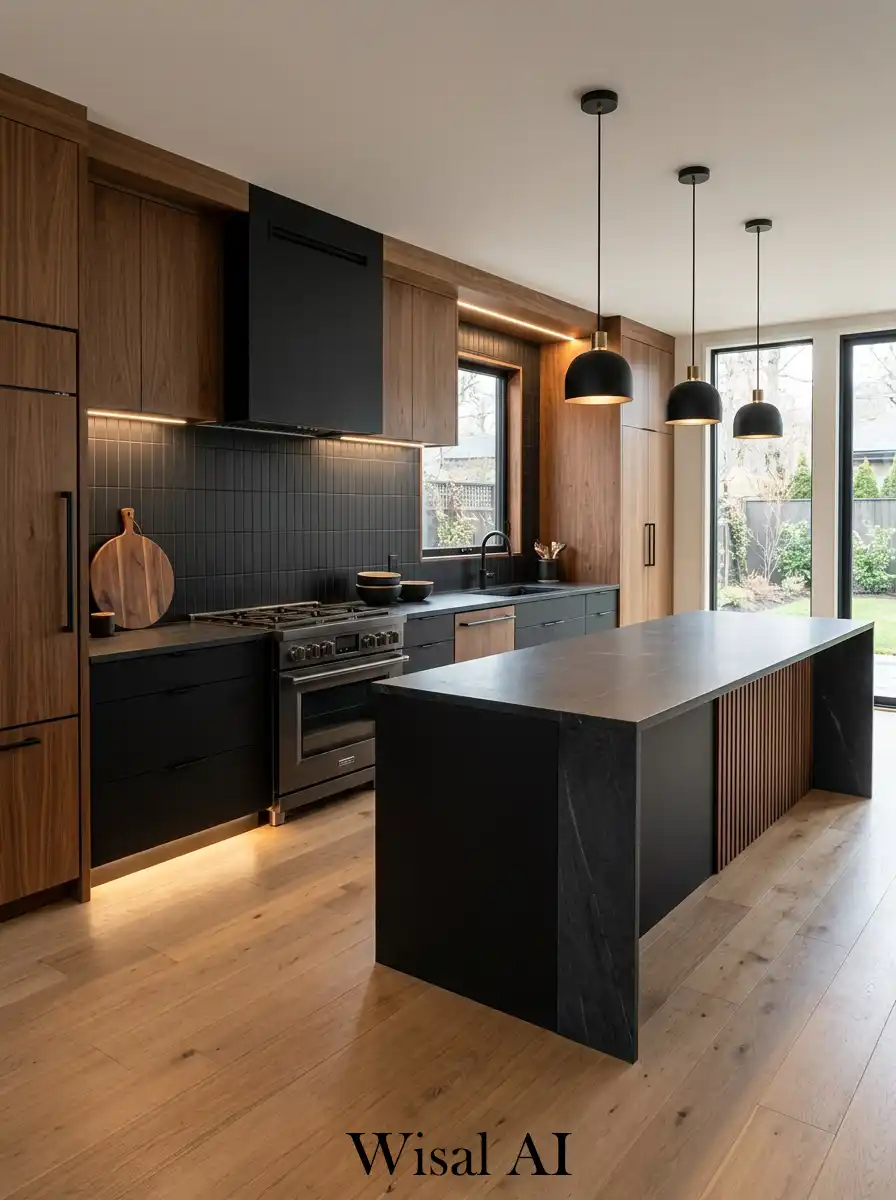 Perfectly balanced kitchen with black and wood materials modern luxury interior and harmonious design style.