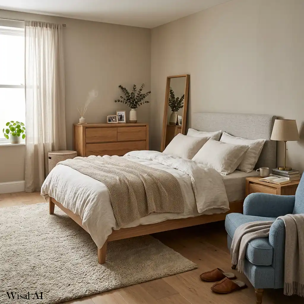 Peaceful timeless bedroom designed for comfort with soft lighting, cozy bedding, and a calming atmosphere.