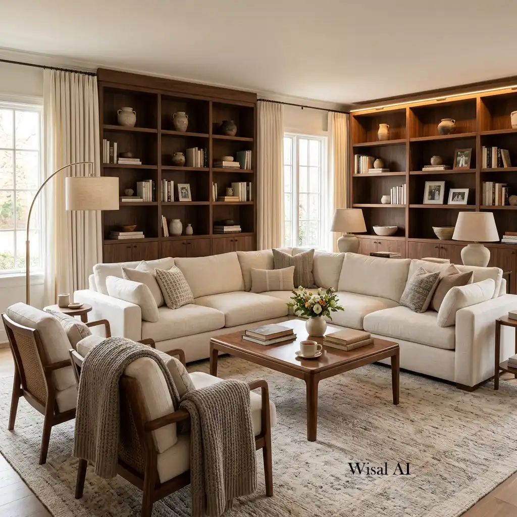 Sophisticated walnut and cream living room designed for everyday comfort.