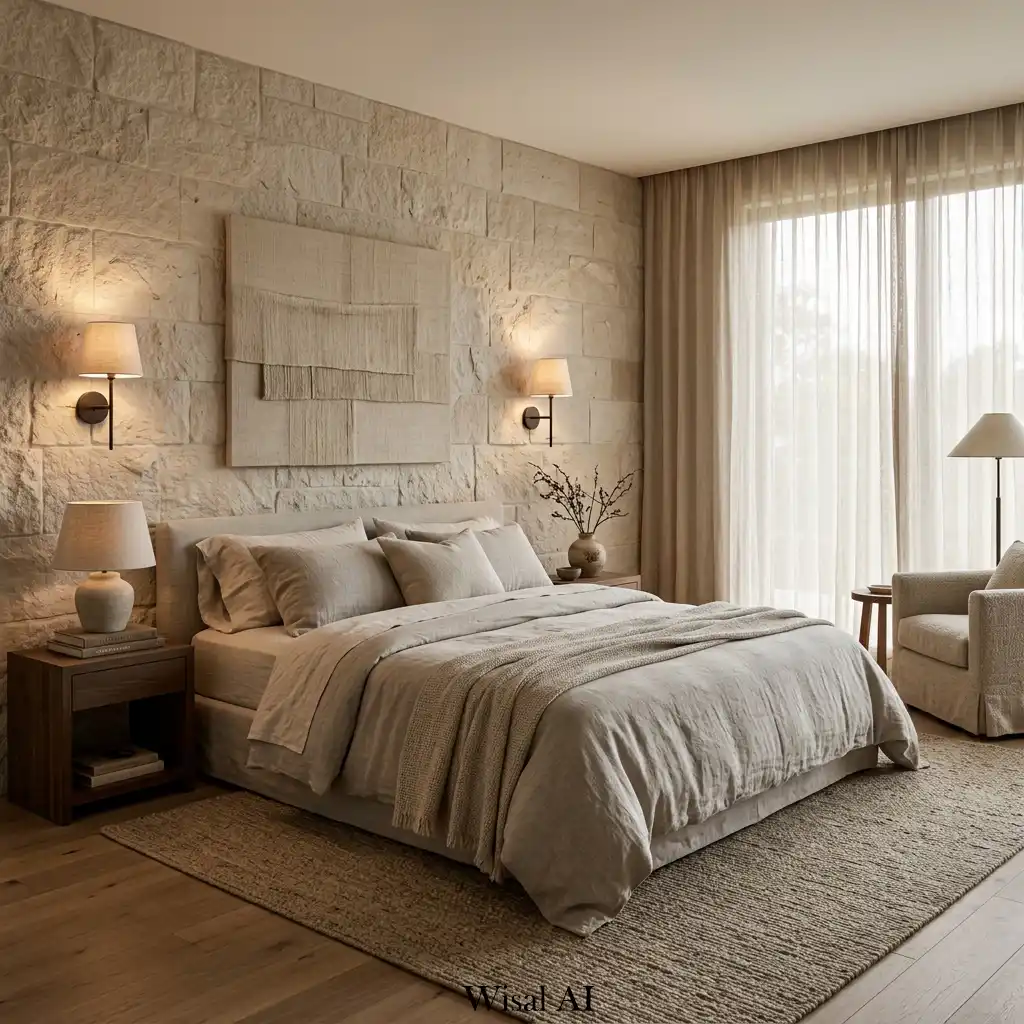 15. Quiet Luxury Bedroom with Stone and Linen
