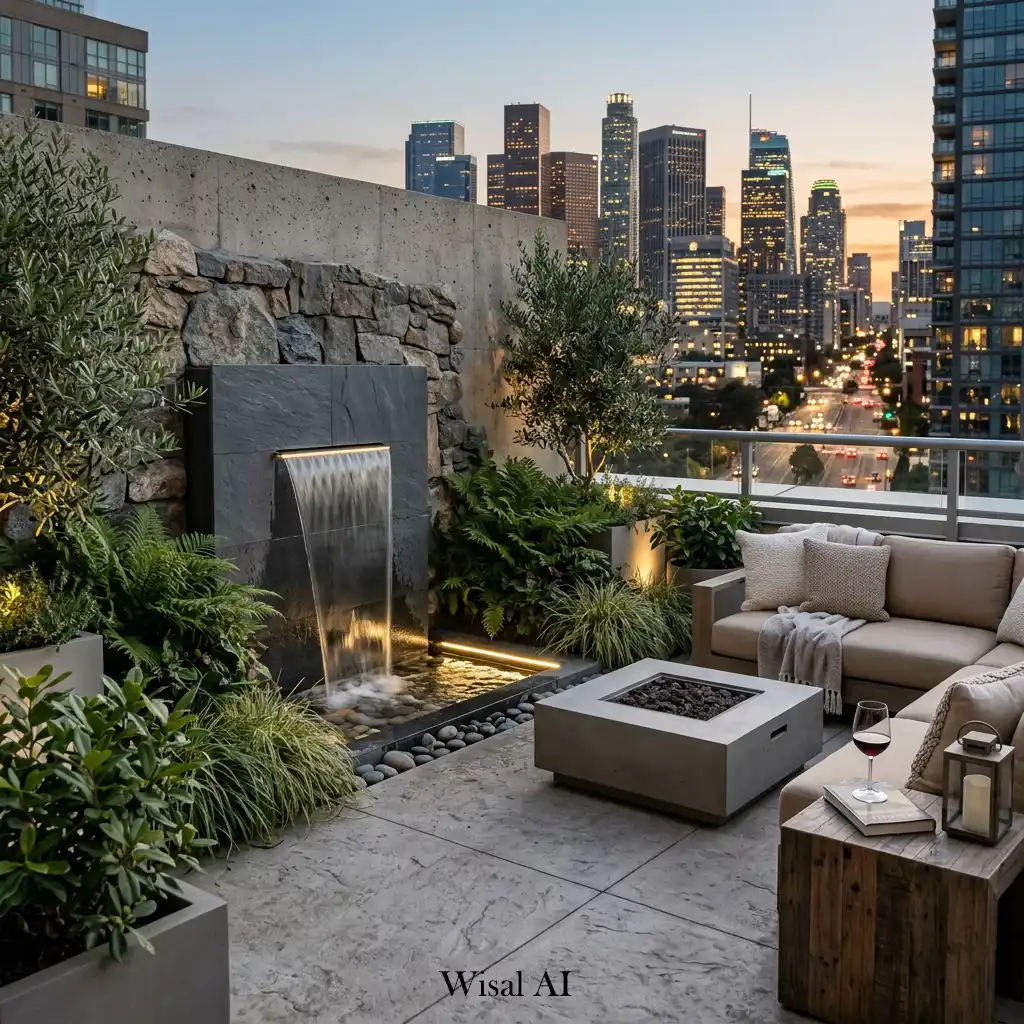 Contemporary rooftop water feature surrounded by elegant outdoor seating