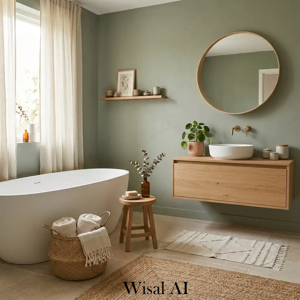 Boho inspired sage green bathroom with natural textures