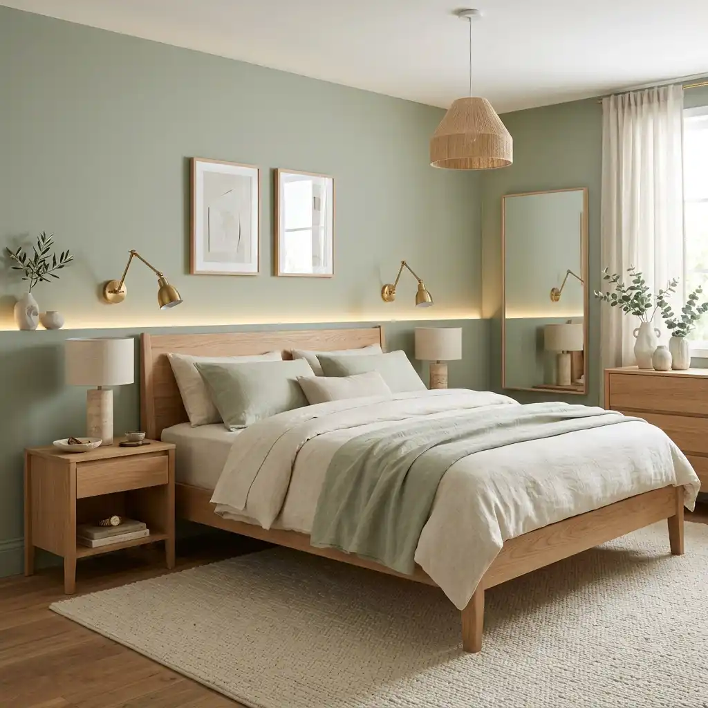 Quiet luxury sage green bedroom with premium white oak furniture.