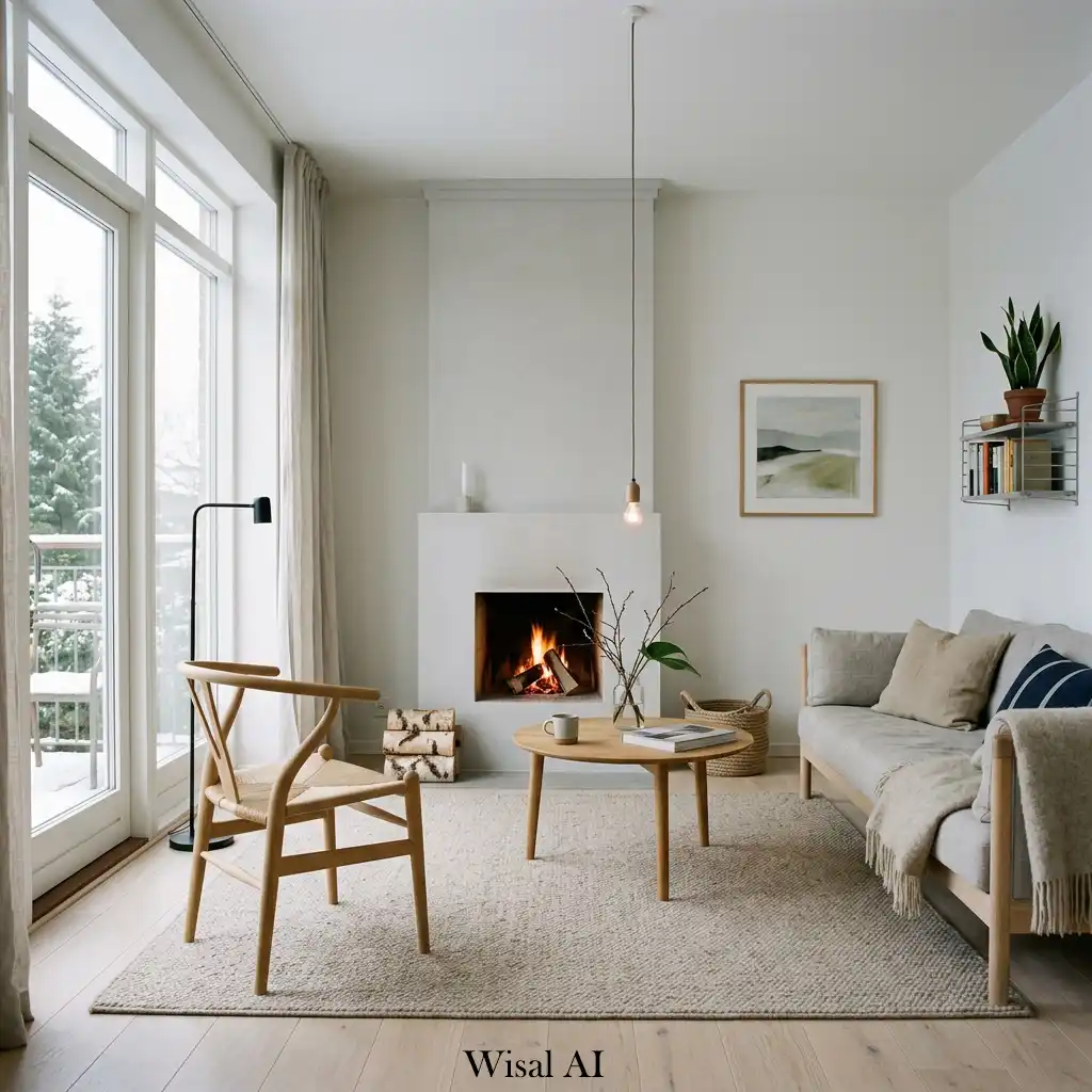 Scandinavian living room with minimalist fireplace and cozy neutral décor