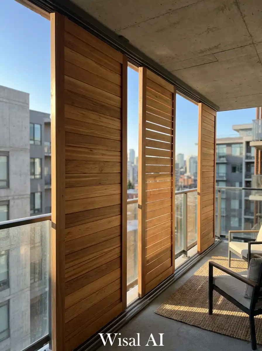 Sliding wooden panels for adjustable balcony privacy