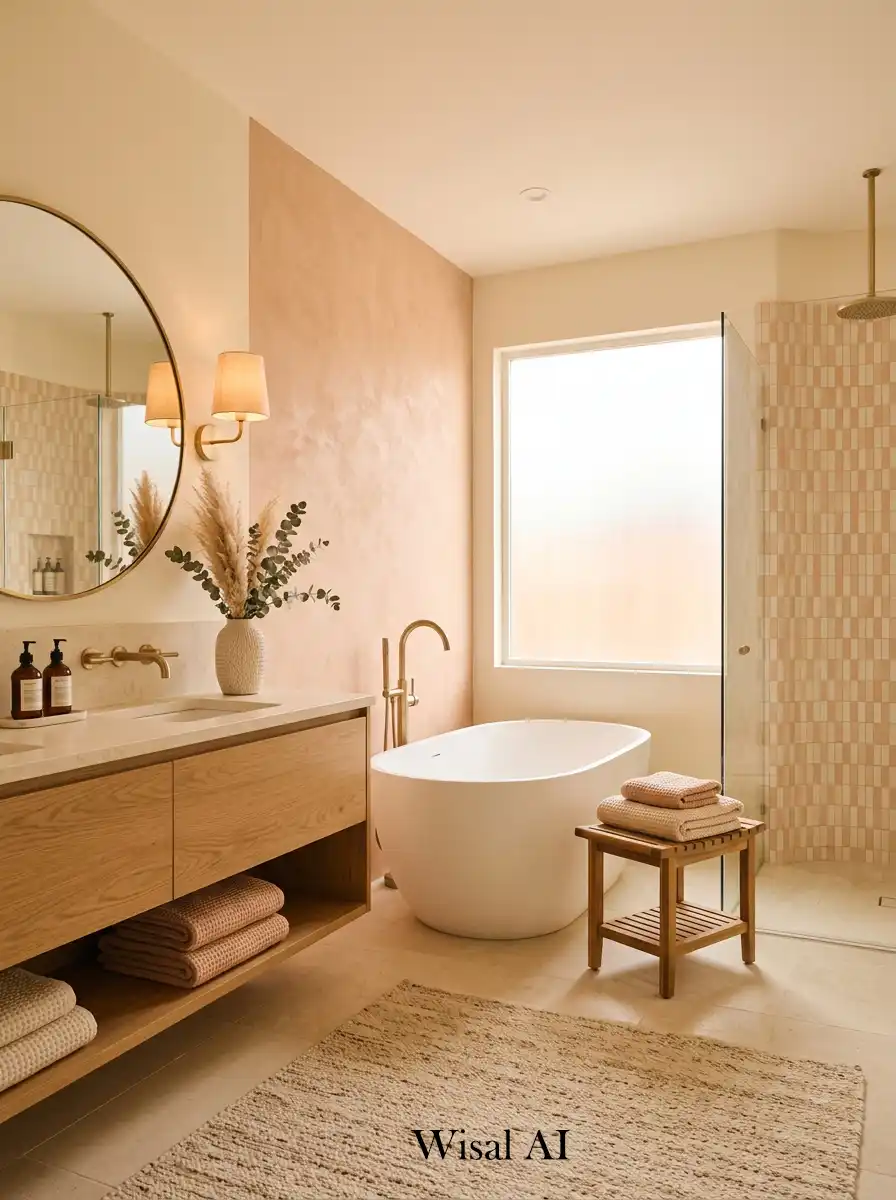 Elegant spa bathroom with soft peach accents cream tones and warm relaxing minimalist interior atmosphere.