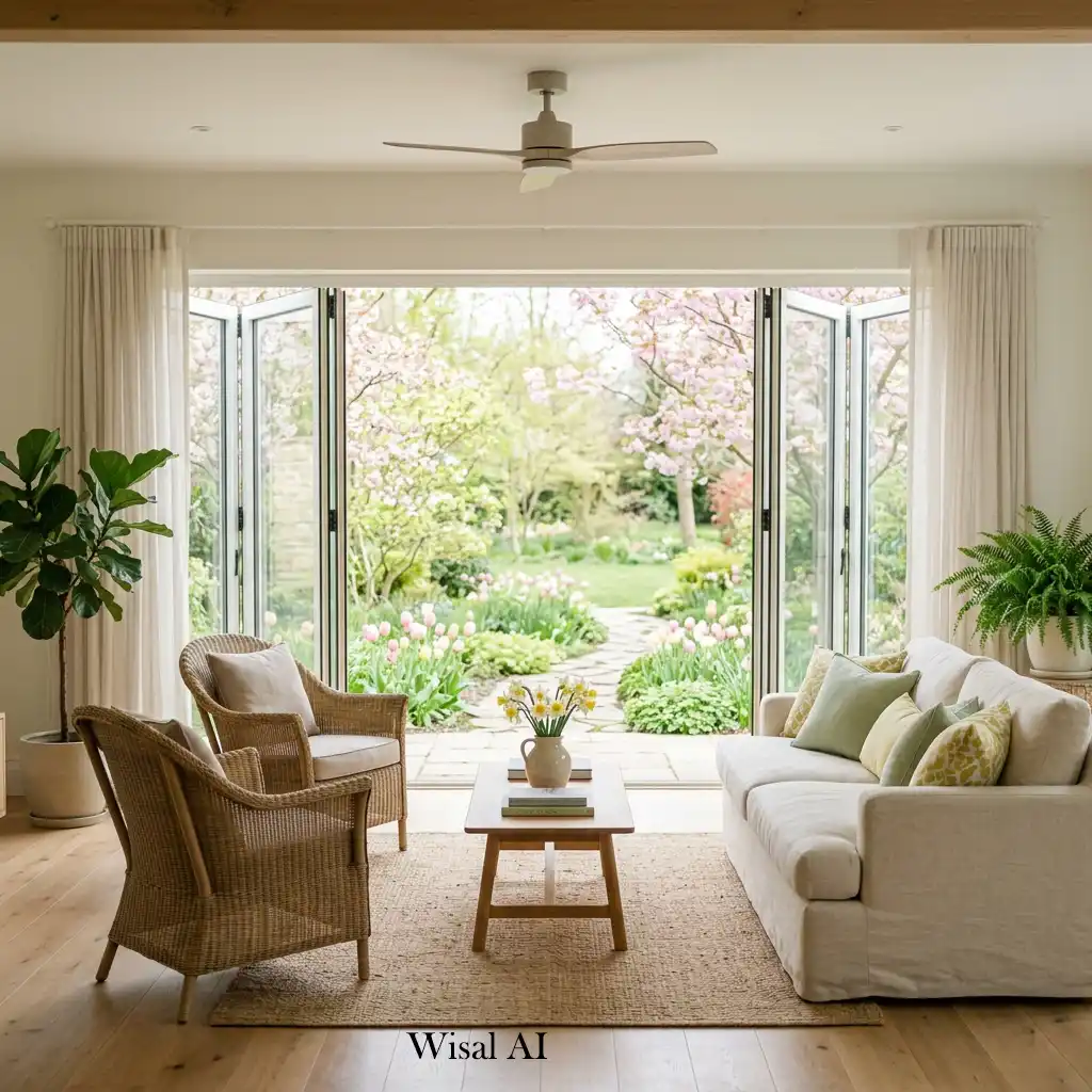 Indoor-outdoor connection in a bright spring living room.