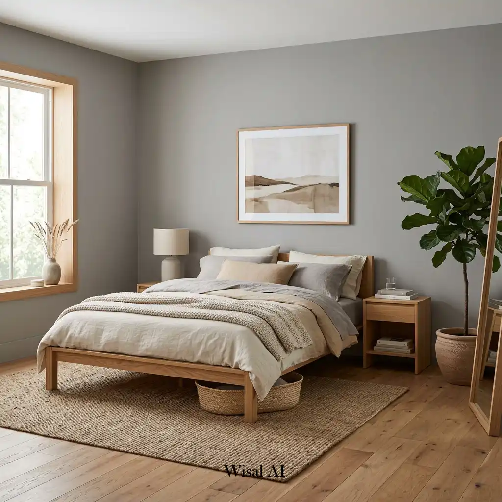 Modern bedroom with stone gray walls complemented by natural wood furniture accents.