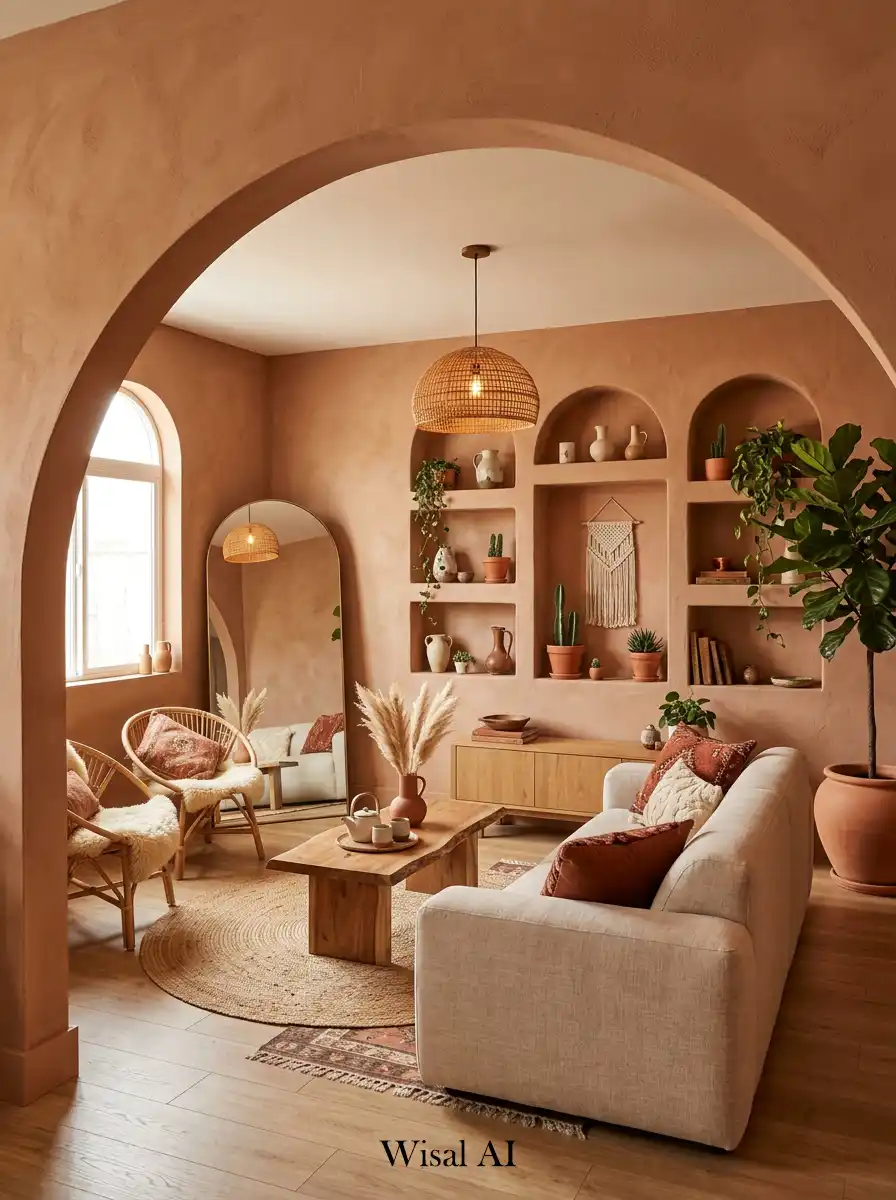 15. Terracotta Boho Living Room with Arches Concept